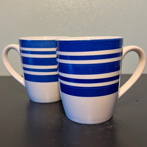 Set of 2 DOVER & YORK Cobalt Blue Nautical Striped Stoneware Mugs - Picture 2 of 11